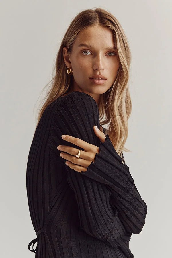 Effie™ - Gebreide Midi Jurk met V-Hals Mouwen