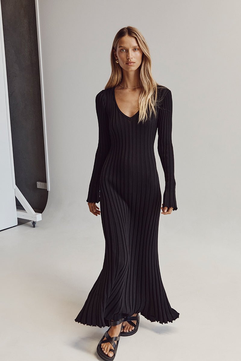 Effie™ - Gebreide Midi Jurk met V-Hals Mouwen