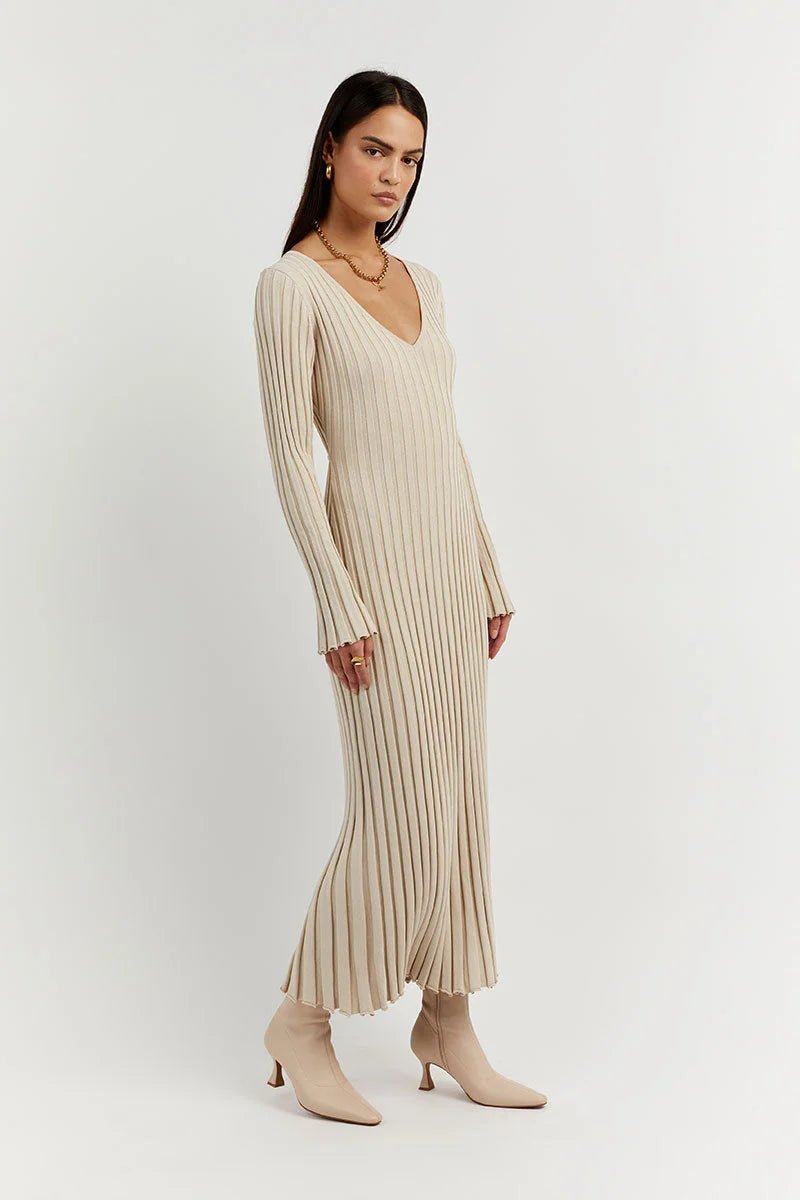 Effie™ - Gebreide Midi Jurk met V-Hals Mouwen