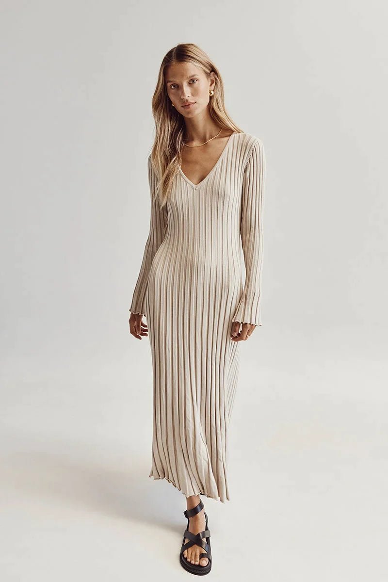 Effie™ - Gebreide Midi Jurk met V-Hals Mouwen