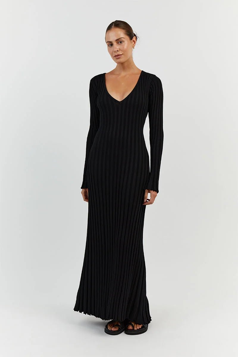 Effie™ - Gebreide Midi Jurk met V-Hals Mouwen