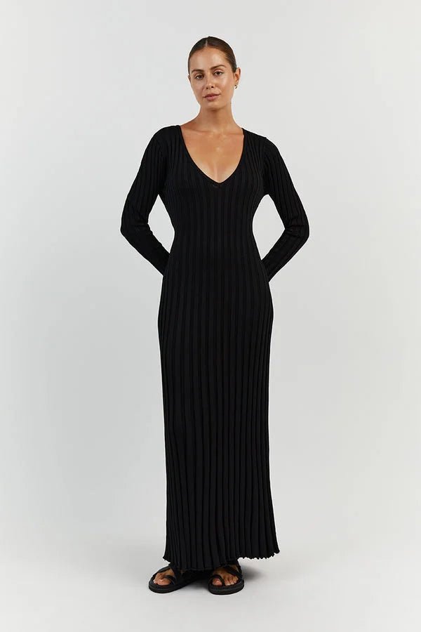 Effie™ - Gebreide Midi Jurk met V-Hals Mouwen