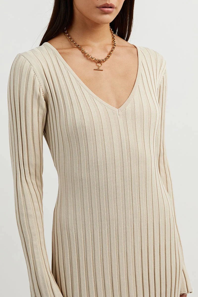 Effie™ - Gebreide Midi Jurk met V-Hals Mouwen
