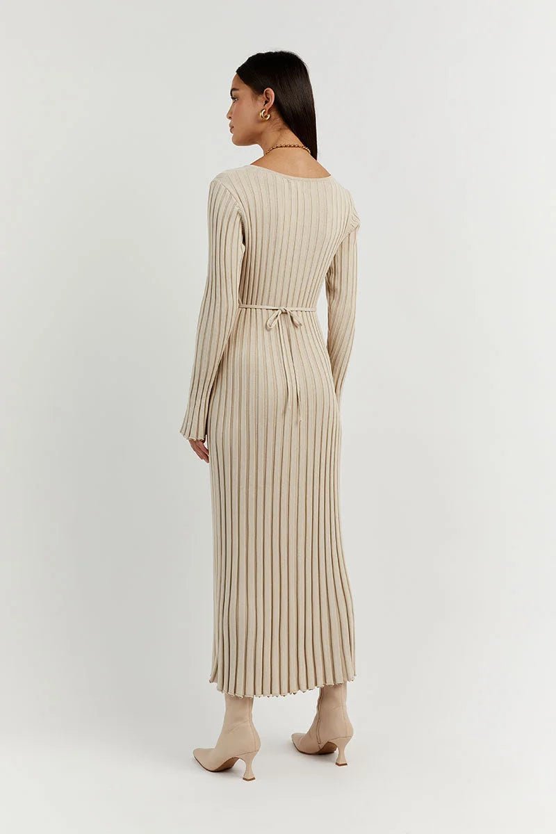 Effie™ - Gebreide Midi Jurk met V-Hals Mouwen