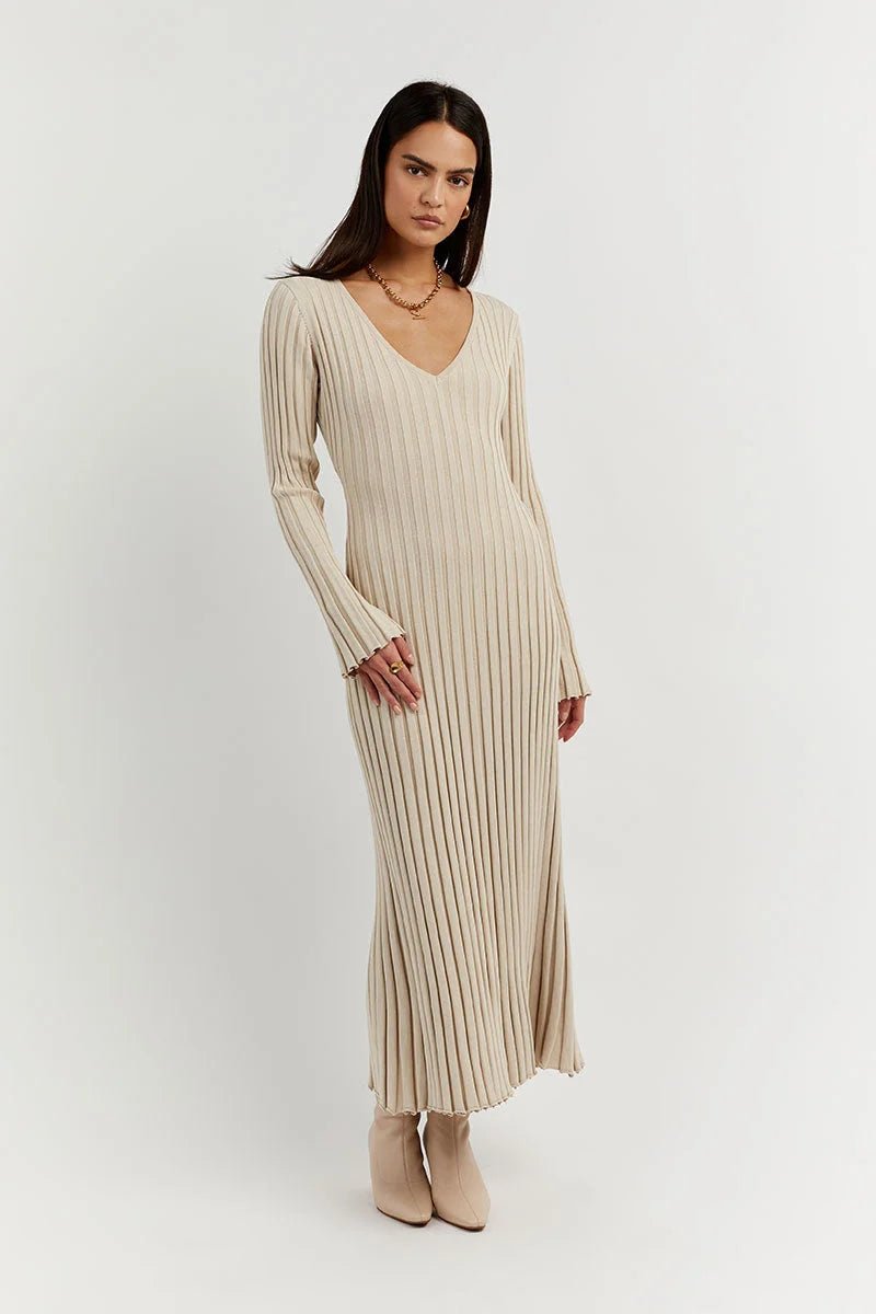 Effie™ - Gebreide Midi Jurk met V-Hals Mouwen
